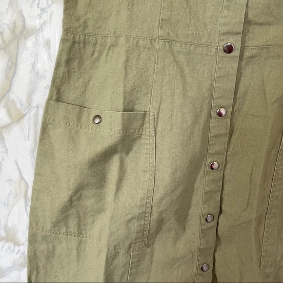 Simply Noelle S/M linen olive green dress button up short sleeve pockets summer - Picture 4 of 8
